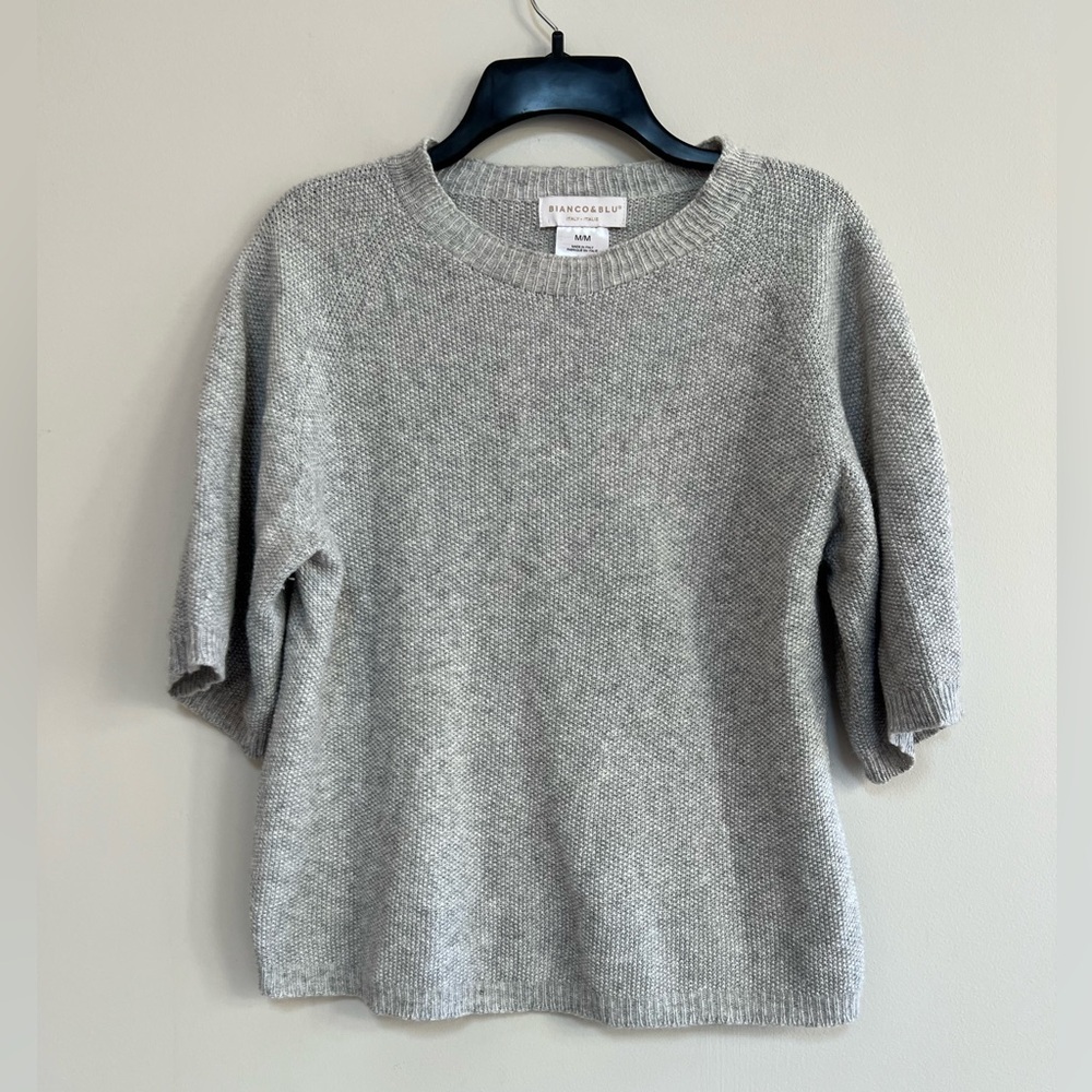 Bianco & Blu Italy Wool Cashmere Blend Short Sleeve Cropped Sweater Grey, Medium